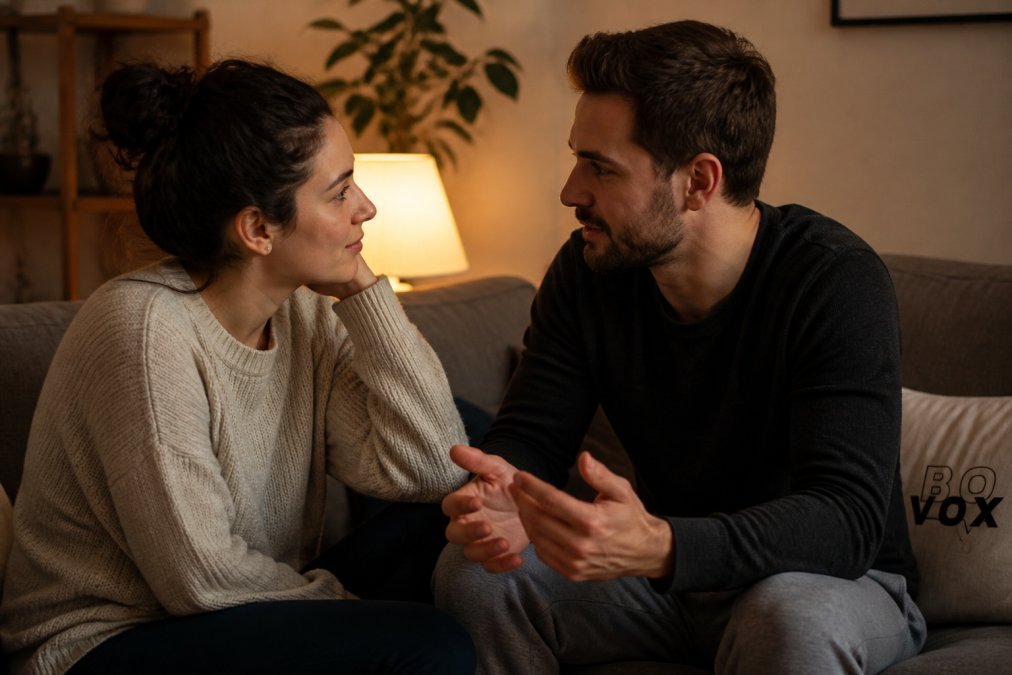Two people sitting close together on a couch, facing each other in quiet conversation, warm ambient lamp light behind them, relaxed and open body language, soft domestic setting