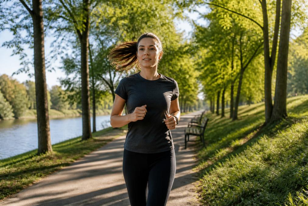 Person jogging outdoors in morning sunlight on a tree-lined path, appearing energized and focused