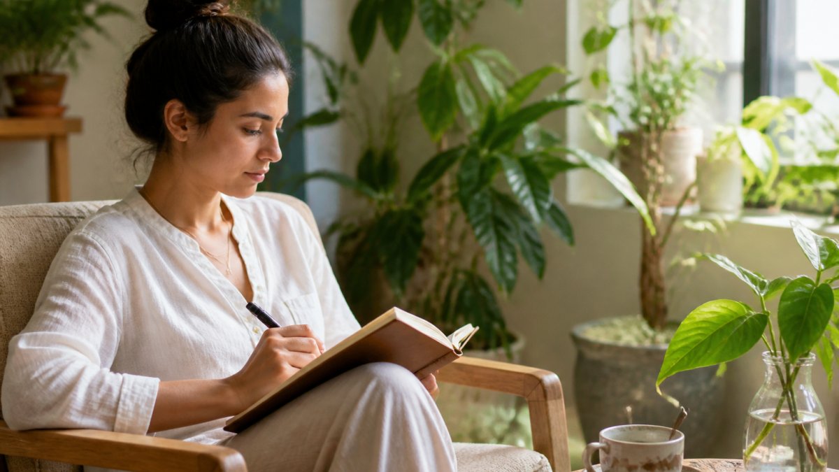 A person sitting calmly with a journal and pen, tracking daily mood and energy levels in a bright, plant-filled room, with a cup of tea nearby