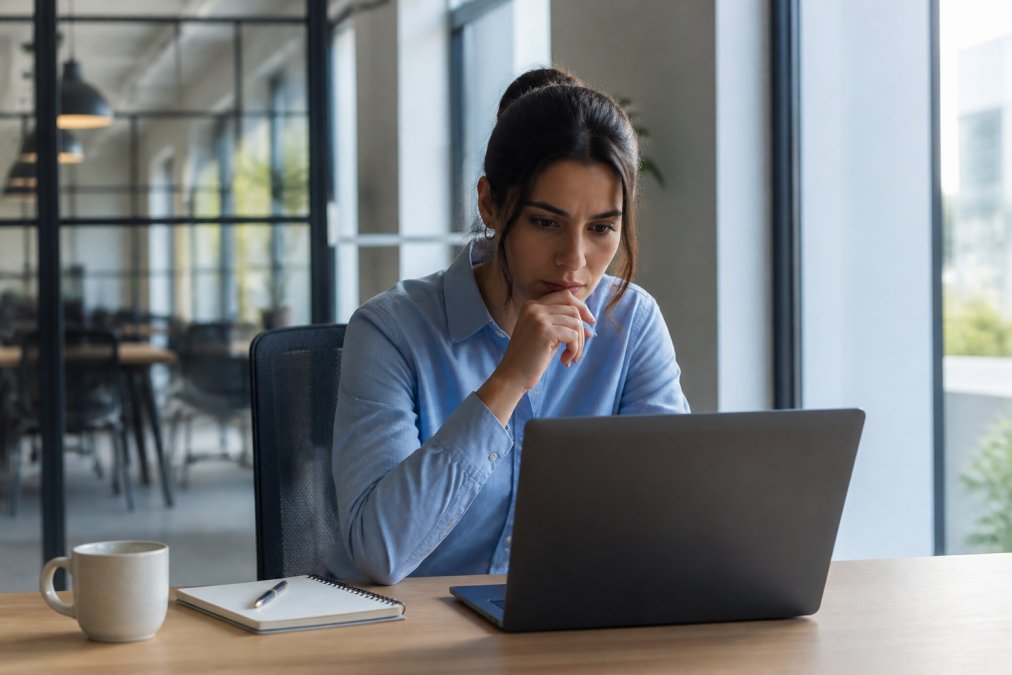 Young professional sitting at a desk with a laptop and coffee in a modern office space