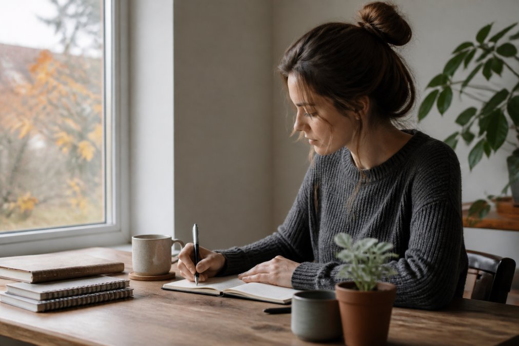 Young adult writing social anxiety goals in a notebook by a sunny window with tea