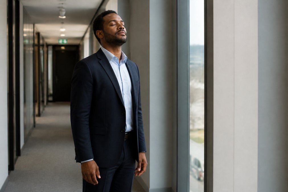 A calm founder standing just outside a pitch room, taking a breath before walking in