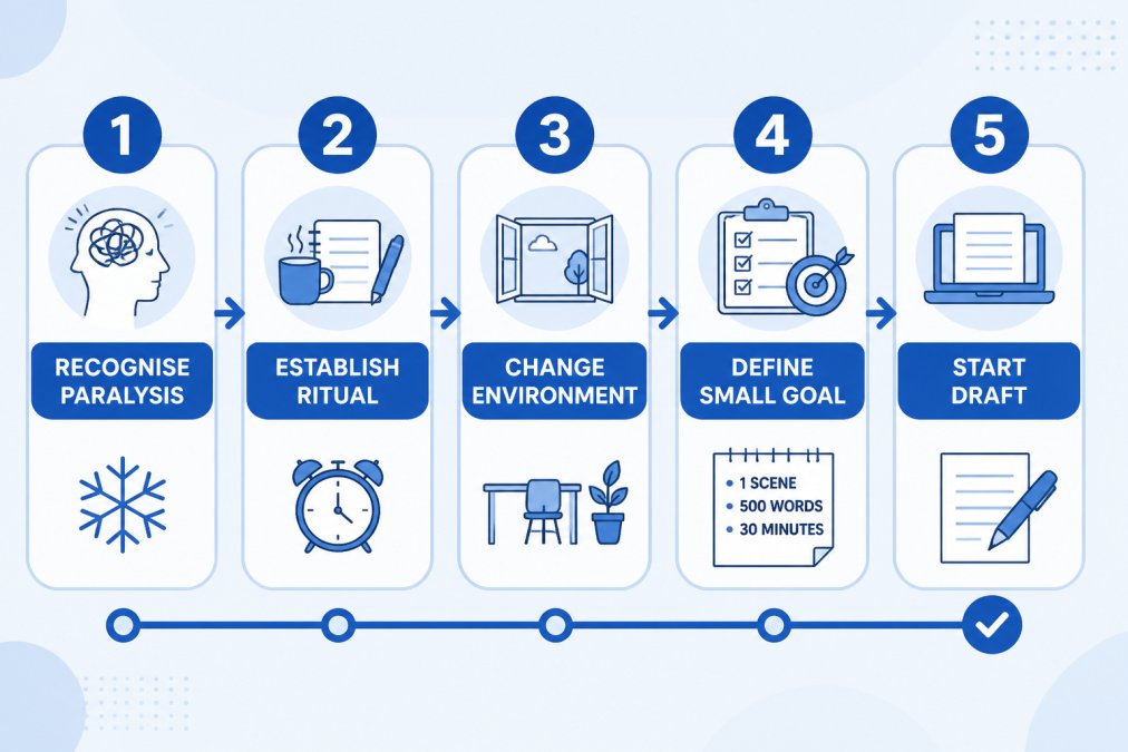 Flowchart showing five-step progression: Step 1 Recognise Paralysis (identify the freeze) → Step 2 Establish Ritual (signal your brain it's writing time) → Step 3 Change Environment (remove friction and distraction) → Step 4 Define Small Goal (write one scene, 500 words, 30 minutes) → Step 5 Start Draft (begin without planning)