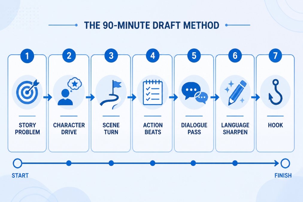 Diagram showing the seven phases of the 90-minute draft method: Phase 1 Story Problem (identify the core conflict) → Phase 2 Character Drive (define what the character wants) → Phase 3 Scene Turn (plot the turning point) → Phase 4 Action Beats (outline key moments) → Phase 5 Dialogue Pass (write character conversations) → Phase 6 Language Sharpen (refine prose) → Phase 7 Hook (end with a strong pull forward)