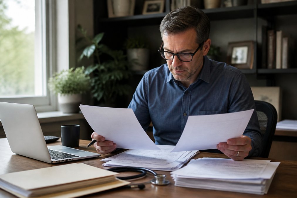 Professional sitting at desk reviewing insurance documents and drafting an appeal letter, with medical records and laptop visible in modern home office