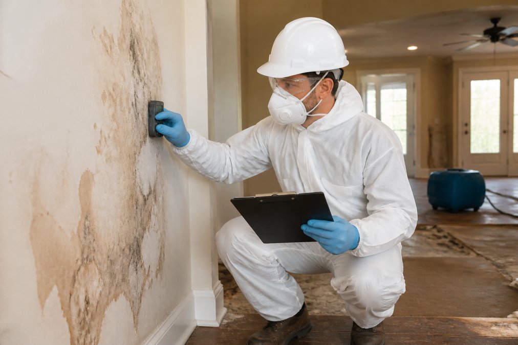 Contractor using a moisture meter on water-stained walls to build evidence for a denied mold claim