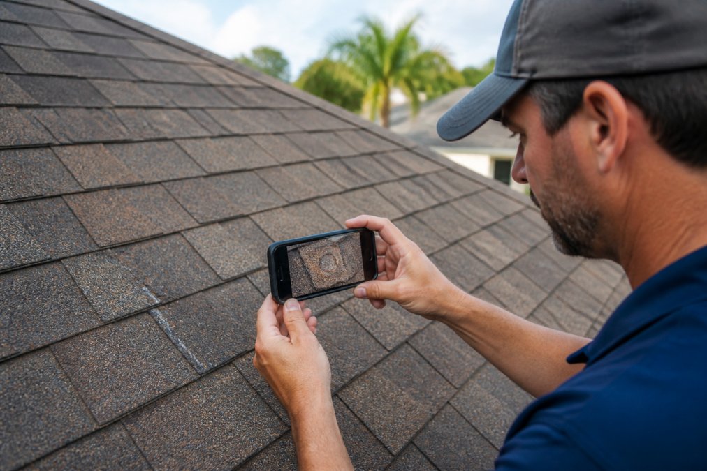 Homeowner photographing roof damage with smartphone, capturing close-up of hail-damaged shingles and impact marks on residential roof during daylight