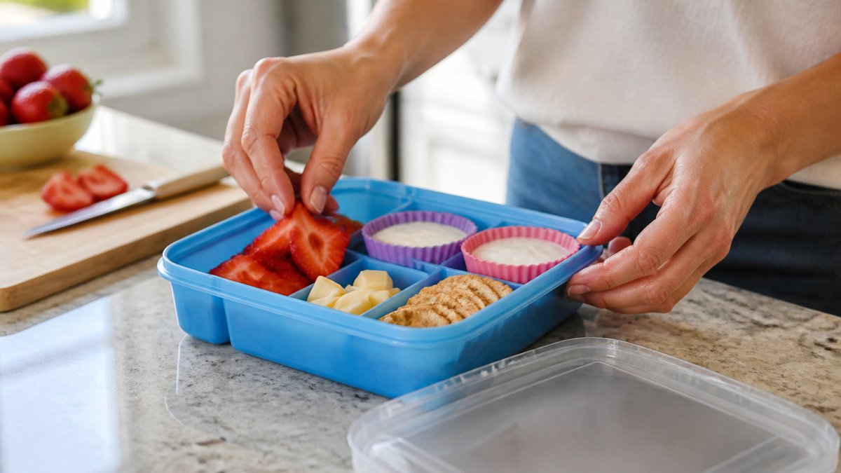 A parent's hands arranging a toddler bento lunchbox on a kitchen counter with sliced strawberries, cheese cubes, whole-grain crackers, and small silicone muffin cases filled with yogurt, morning light through a window