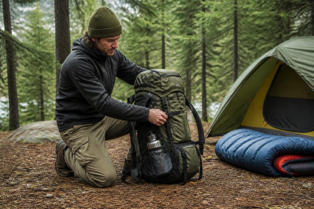 Hiker adjusting compression straps on a loaded camping backpack in a forest clearing with gear nearby
