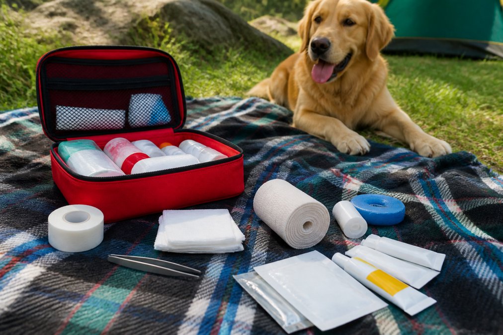 Organized dog first aid kit laid out on a picnic blanket with sterile gauze pads, antiseptic wipes, antibiotic ointment, medical tape, and tweezers clearly visible, with a golden retriever resting nearby on the grass
