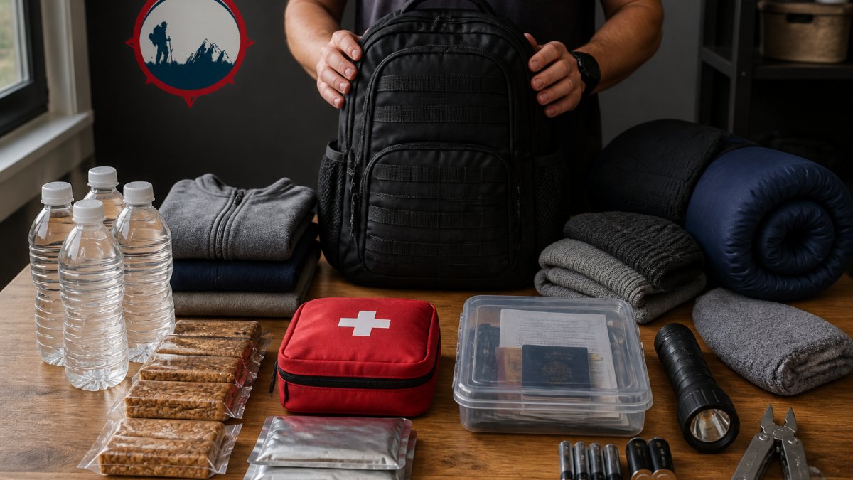Family survival bag laid out on wooden table with all essential items visible: water bottles, granola bars, first-aid kit, flashlight with batteries, important documents in waterproof container, warm clothing, and multi-tool arranged neatly in organized sections