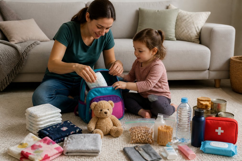 A parent and toddler packing diapers and snacks into a backpack to learn how to pack a go-bag for toddlers.
