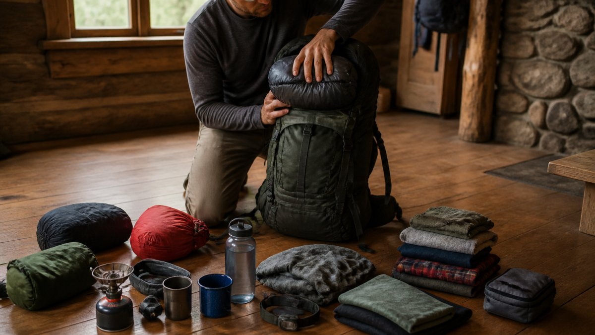 A hiker kneeling on a wooden cabin floor, packing a hiking backpack with a sleeping bag, dry bags, and folded clothing arranged in separate piles around them, soft daylight through a window