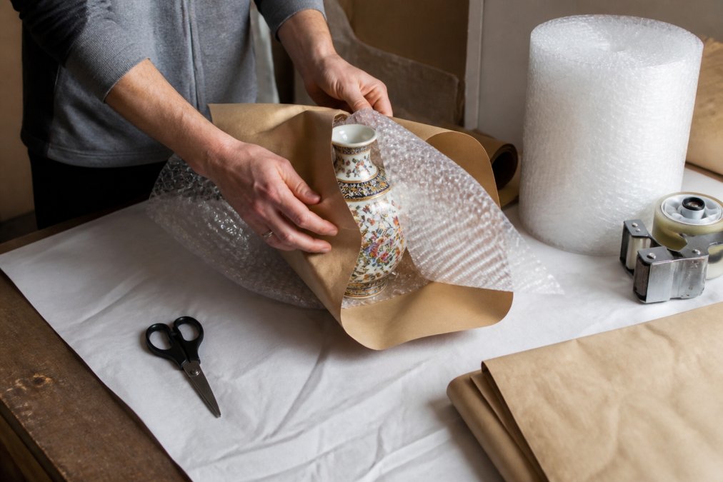 Hands carefully wrapping delicate porcelain vase with layers of bubble wrap and kraft paper on clean work surface, showing protective layering technique with packing materials organized nearby