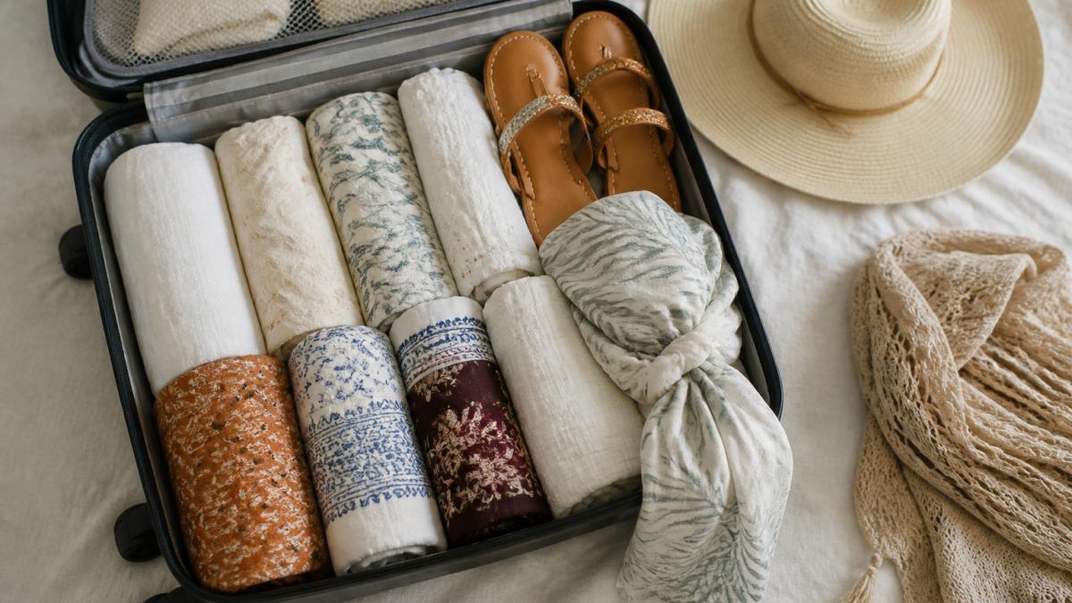 Flat lay of a woman's open carry-on suitcase on a bed, showing neatly rolled linen dresses, kaftans, a sarong, sandals, and a wide-brim hat arranged for a tropical trip