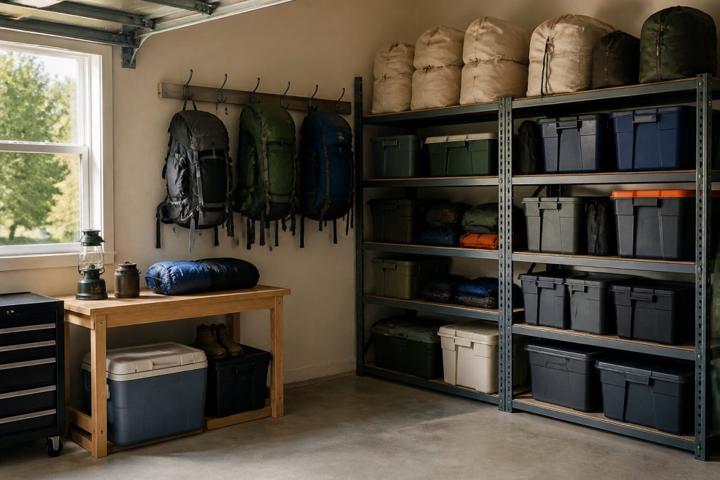 Well-organized residential garage interior with vertical metal shelving units holding labeled plastic storage bins, camping backpacks hung on wall hooks, and sleeping bags stored in breathable cotton sacks on upper shelves with natural light from garage window