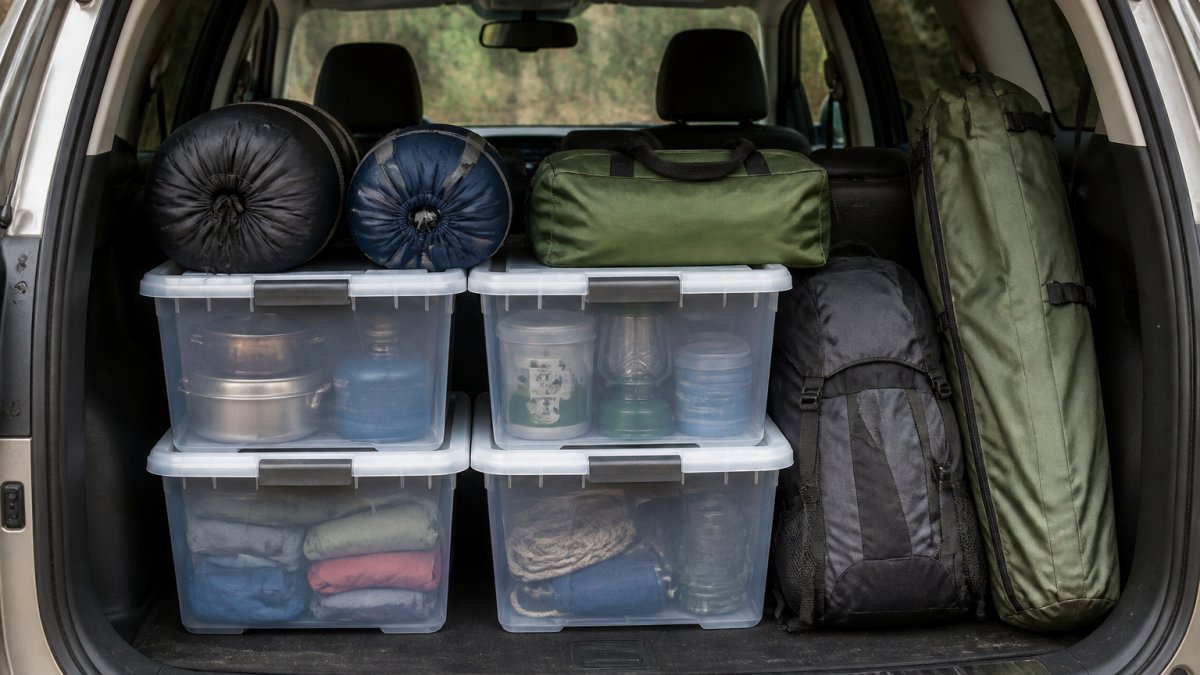 Diagram showing how to pack camping gear efficiently using bins, sleeping bags, and organized cargo space.