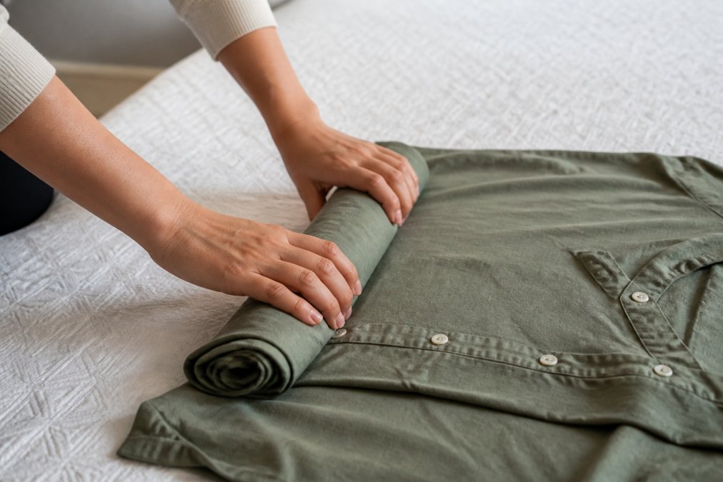 Close-up of hands demonstrating the rolling technique with a casual cotton shirt, showing the item being rolled tightly around a central core with smooth, even pressure