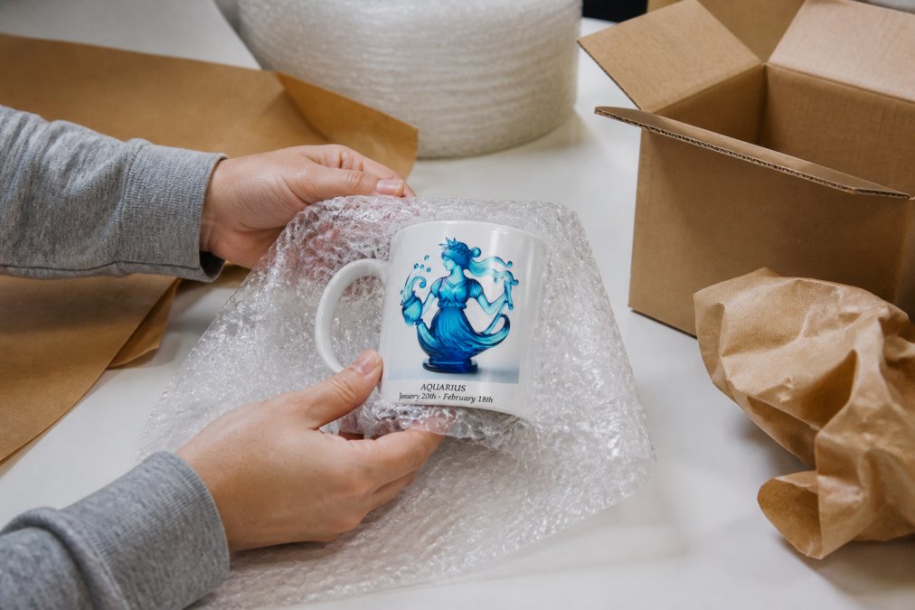 Close-up of hands carefully wrapping a ceramic mug in bubble wrap, showing protective layering technique with kraft paper and cushioning materials visible on a clean work surface with natural lighting