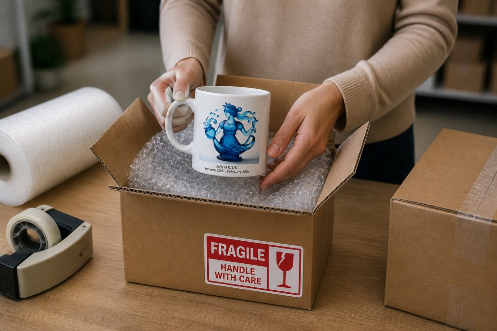 Packaged mug box being prepared for shipment with a fragile label visible, showing proper labeling and secure packaging ready for transit with professional presentation
