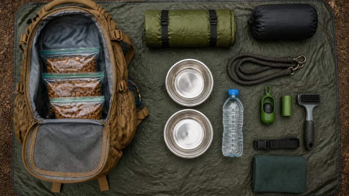 Overhead view of a backpack with portioned dog food bags, stainless steel water bowls, and camping gear laid out on a portable waterproof picnic mat before a camping trip