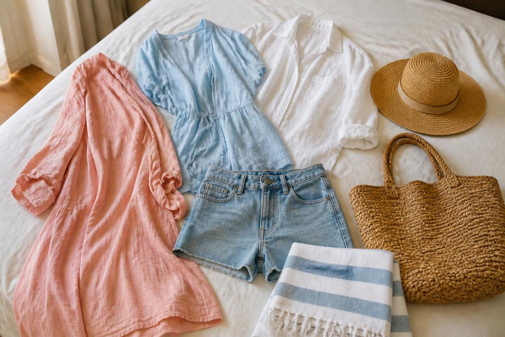 A flat lay of a coastal capsule wardrobe on a bed: a pink cover-up, a blue cotton voile cover-up, denim shorts, a white linen shirt, a wide-brim hat, and a woven tote bag, with a beach towel folded nearby
