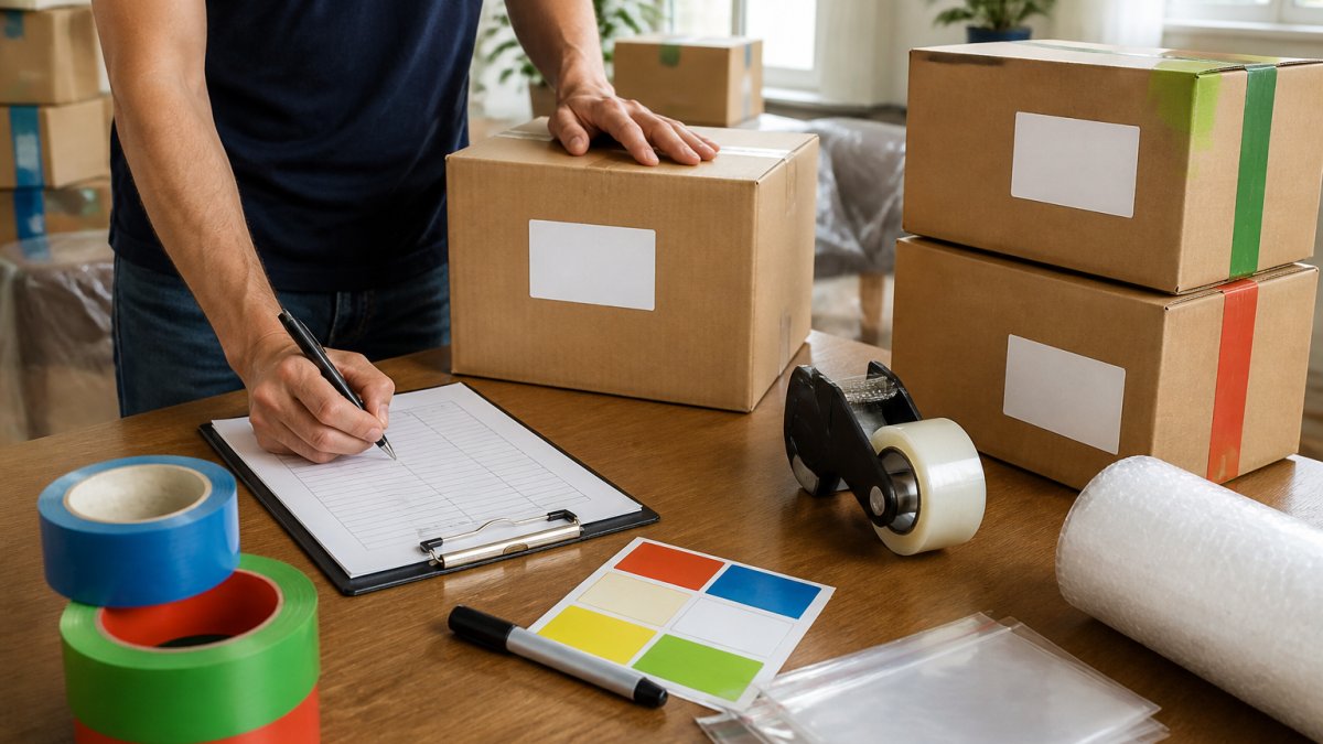 Professional organizing labeled moving boxes with color-coded tape, inventory sheets, and packing supplies visible on a work table in bright natural light