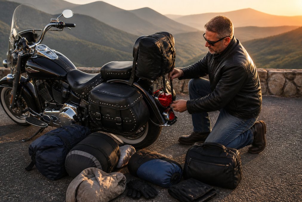 Rider adjusting straps on balanced leather saddlebags and a sissy bar bag at a scenic motorcycle overlook.