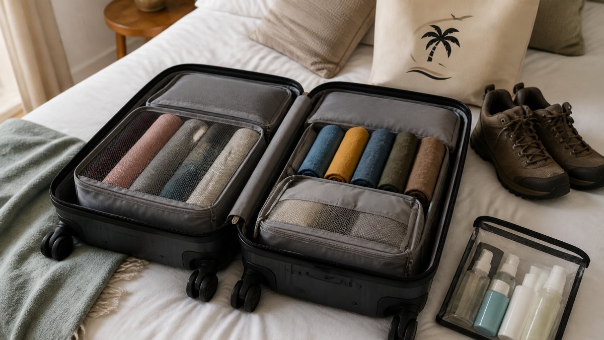 Open carry-on suitcase featuring organized packing cubes, rolled clothing, and hiking shoes for efficient carry on packing.