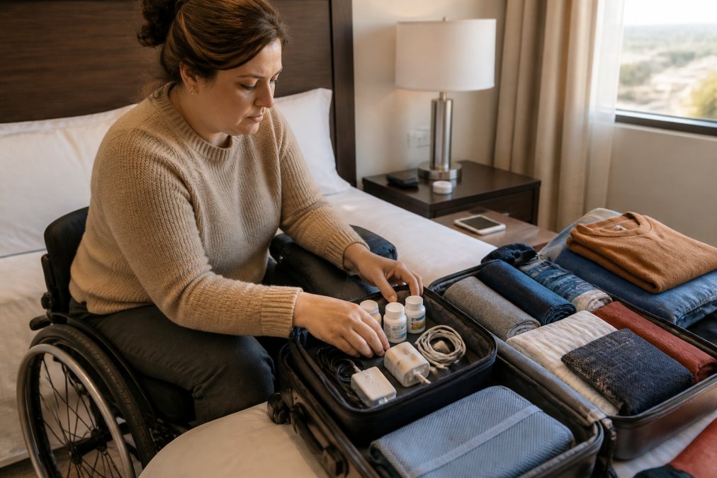 Infographic illustrating a step-by-step process for organizing essential items into packing cubes for travel.
