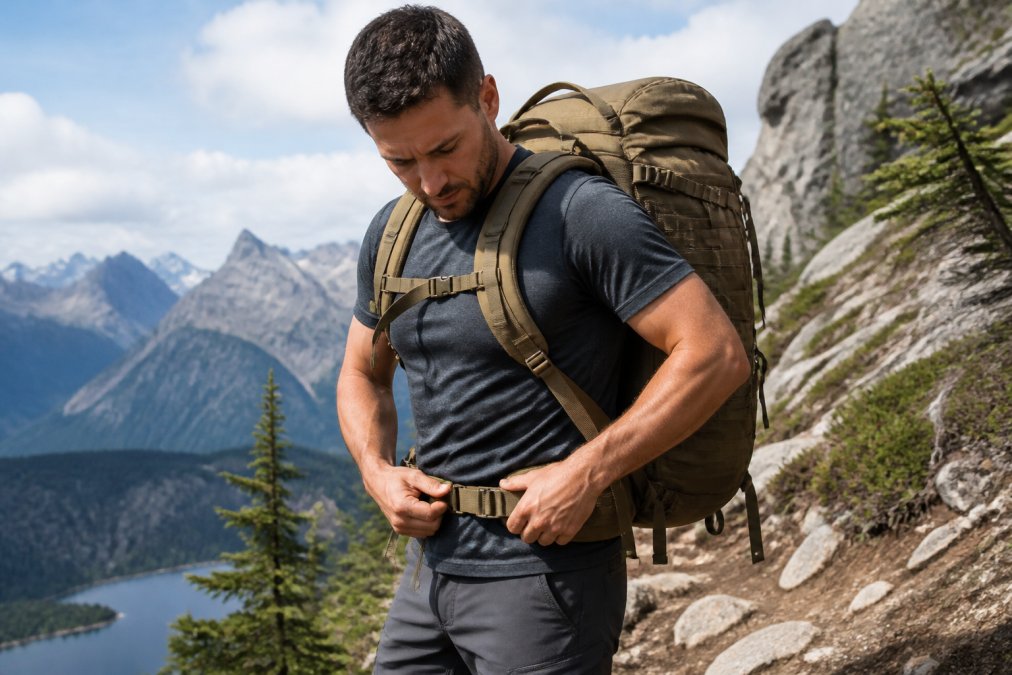 A hiker adjusting the padded hip belt and shoulder straps of a loaded tactical backpack on a mountain trail, showing proper weight distribution with the pack riding high on the hips