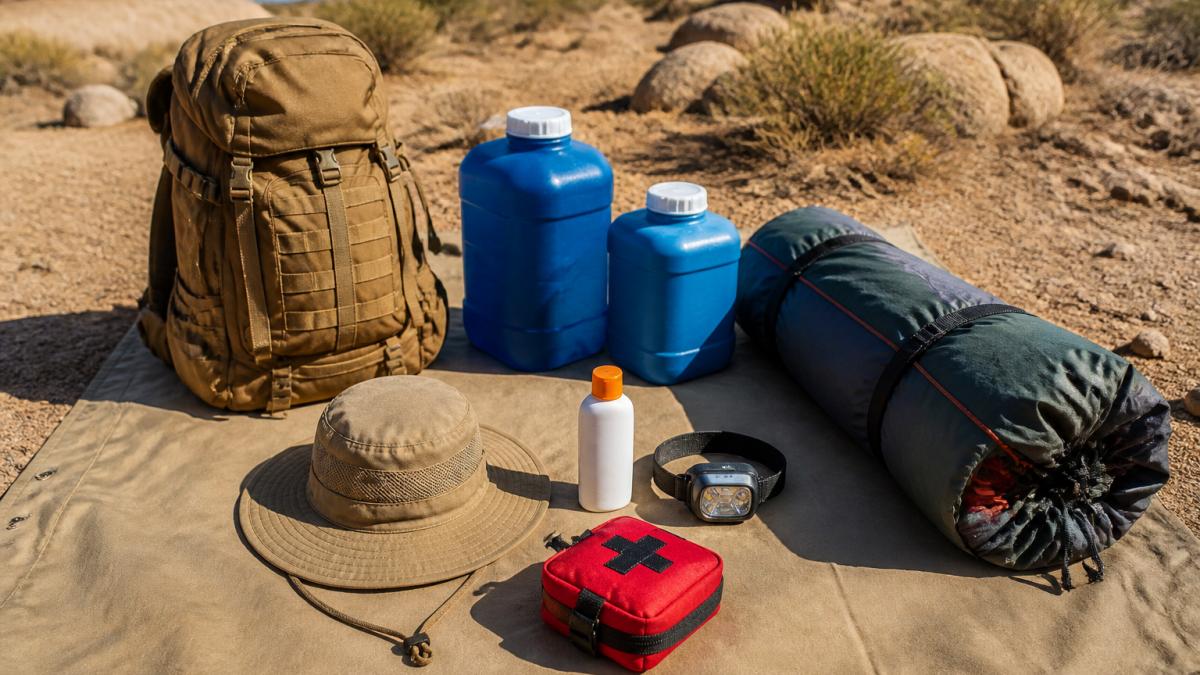 A flat lay of desert camping gear arranged on a canvas tarp: rugged backpack, stacked water containers, wide-brim hat, sunscreen bottle, headlamp, first aid kit, and a compact wind-rated tent, photographed in bright natural sunlight