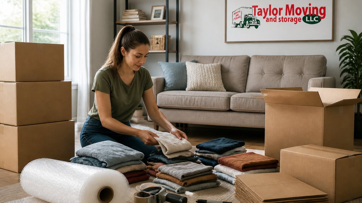 A person in a living room sorting household items into piles, with cardboard boxes, packing tape, bubble wrap, and markers arranged on the floor nearby