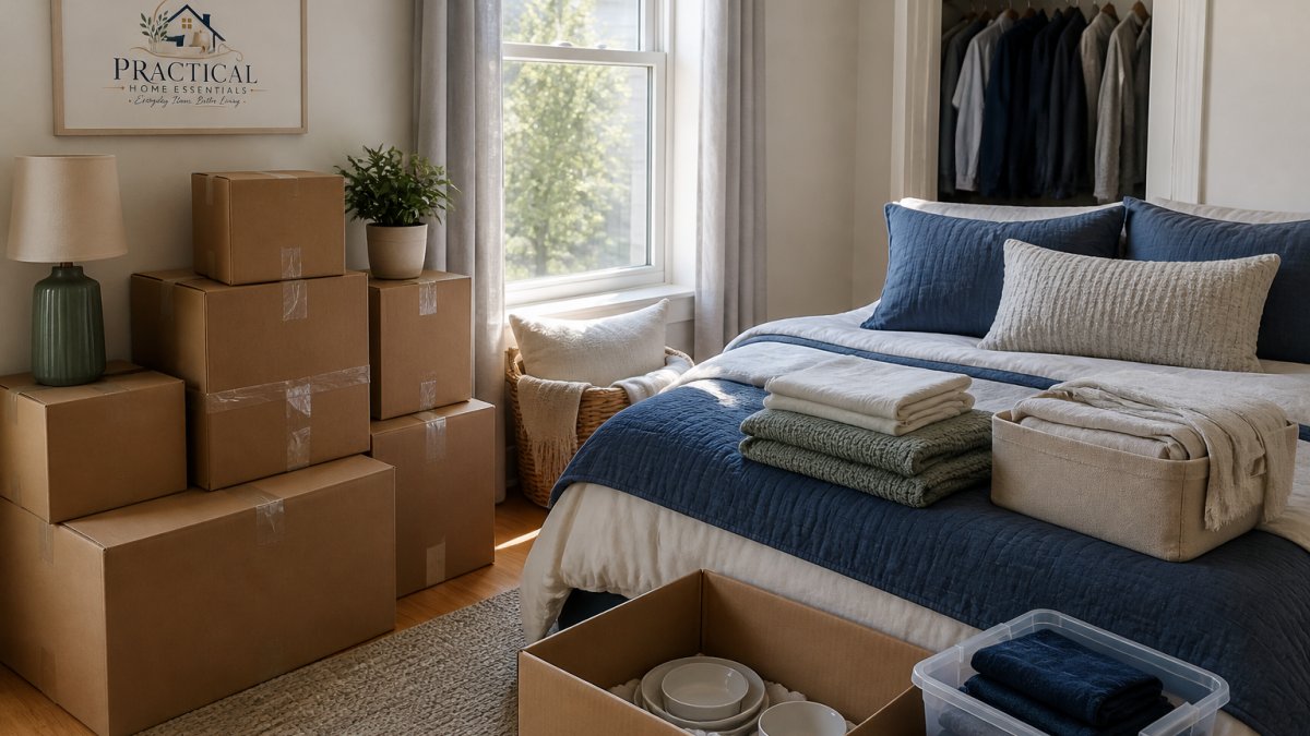 Neatly organized apartment bedroom with labeled moving boxes stacked along the wall, bedding and pillows visible, hanging clothes ready to be packed, natural window lighting illuminating the organized space