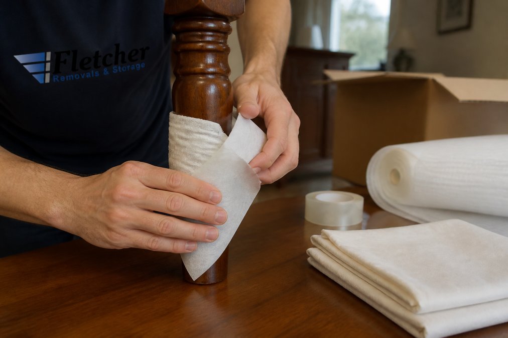 Close-up of hands gently wrapping a wooden antique chair leg with acid-free tissue paper and soft cloth, with packing materials visible on a table in a home setting