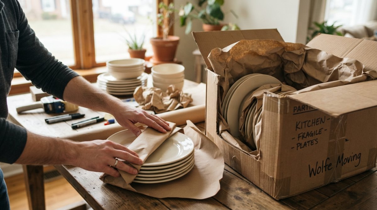 Close-up of hands wrapping a stack of ceramic plates with kraft packing paper, placing them vertically into a sturdy corrugated cardboard box lined with crumpled paper, warm natural light from a window