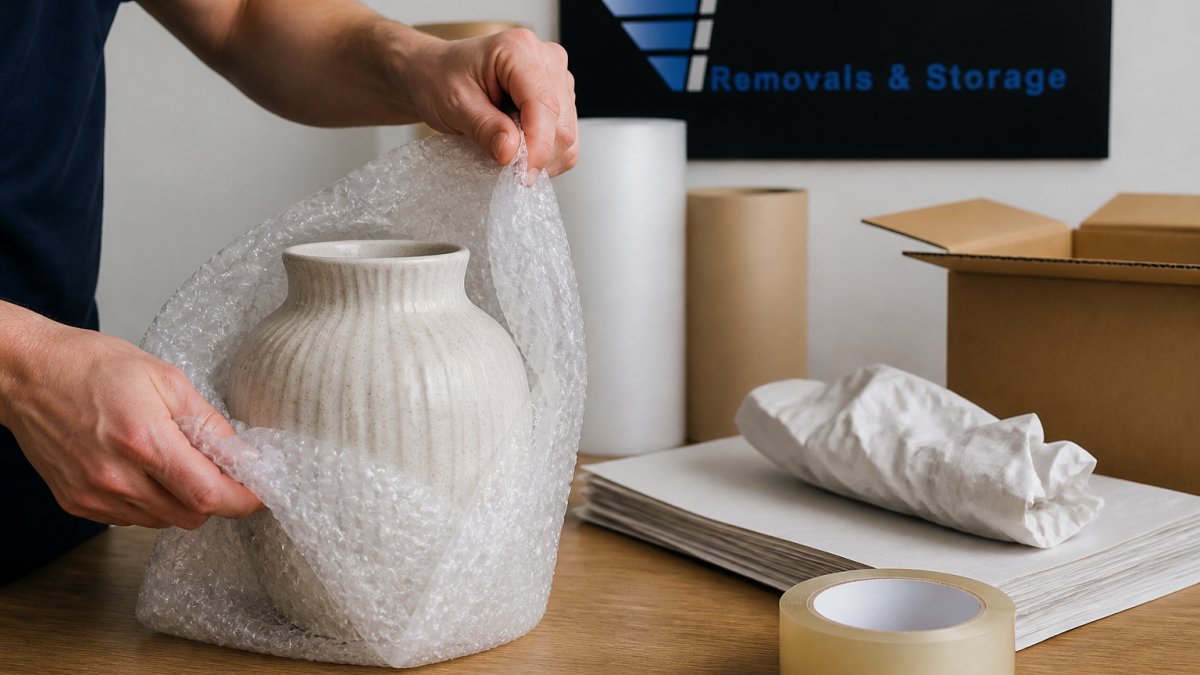 Close-up of hands carefully wrapping a ceramic vase in bubble wrap on a wooden table, with packing paper, tape and a cardboard box visible in the background
