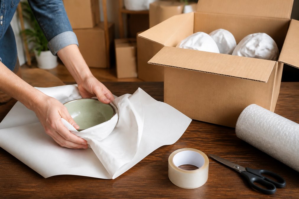 A close-up of hands carefully wrapping a ceramic bowl in white packing paper, with a partially filled moving box of wrapped items nearby on a table