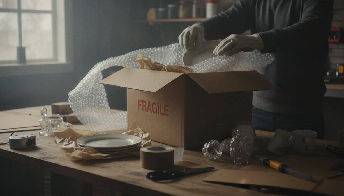 Close-up of hands wrapping a ceramic plate with packing paper, bubble wrap visible on moving box with fragile labels
