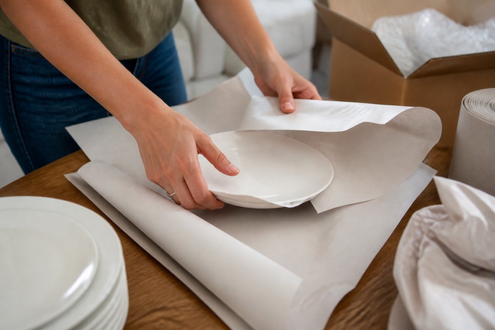 Close-up of hands carefully wrapping ceramic dinner plates with layers of packing paper, showing proper technique with protective layering around delicate dishware