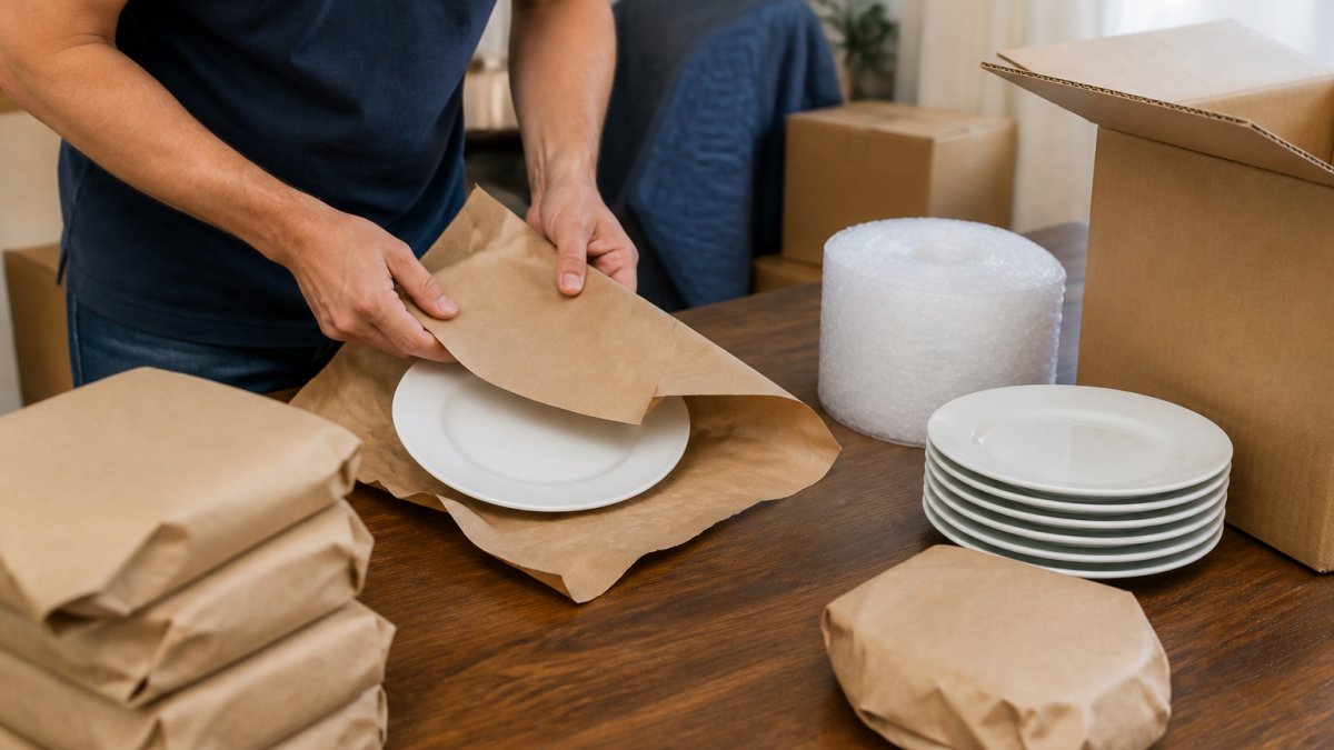 Professional hands carefully wrapping individual dinner plates with packing paper in a methodical layering technique, showing proper technique on a clean work table with packing materials visible