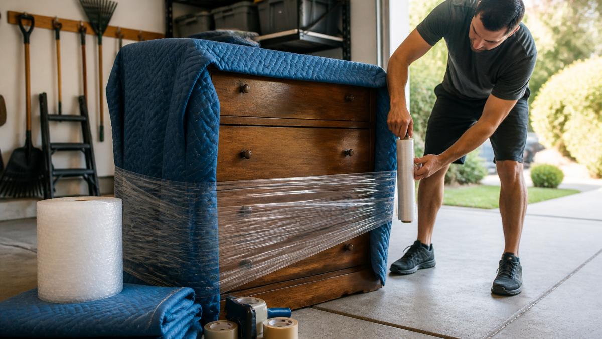 A person wrapping a wooden dresser with moving blankets and stretch wrap in a clean garage, packing materials and tape nearby, natural daylight