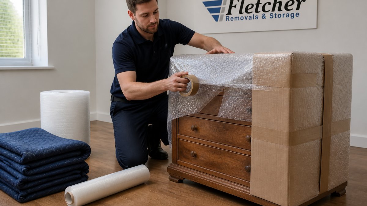 A person wrapping a wooden chest of drawers in bubble wrap and cardboard, with packing tape, blankets and a roll of stretch film on the floor nearby in a bright room