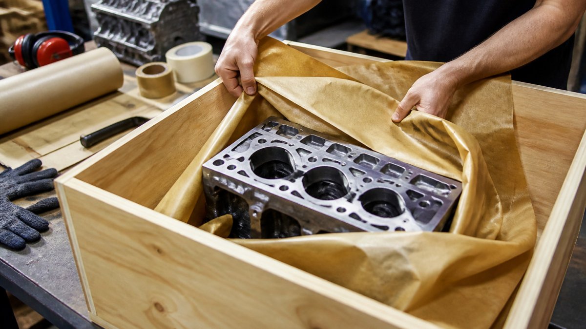 Hands wrapping a clean metal engine block in corrosion-resistant VCI paper inside a wooden crate workshop bench