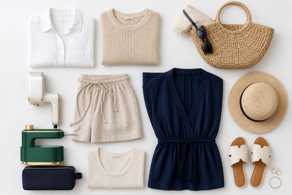 Flat lay of a neatly organized beach capsule wardrobe on a white background showing folded lightweight linen and cotton pieces in neutral tones, including a white linen shirt, beige shorts, navy cover-up dress, and lightweight sweaters arranged in a grid pattern with beach accessories