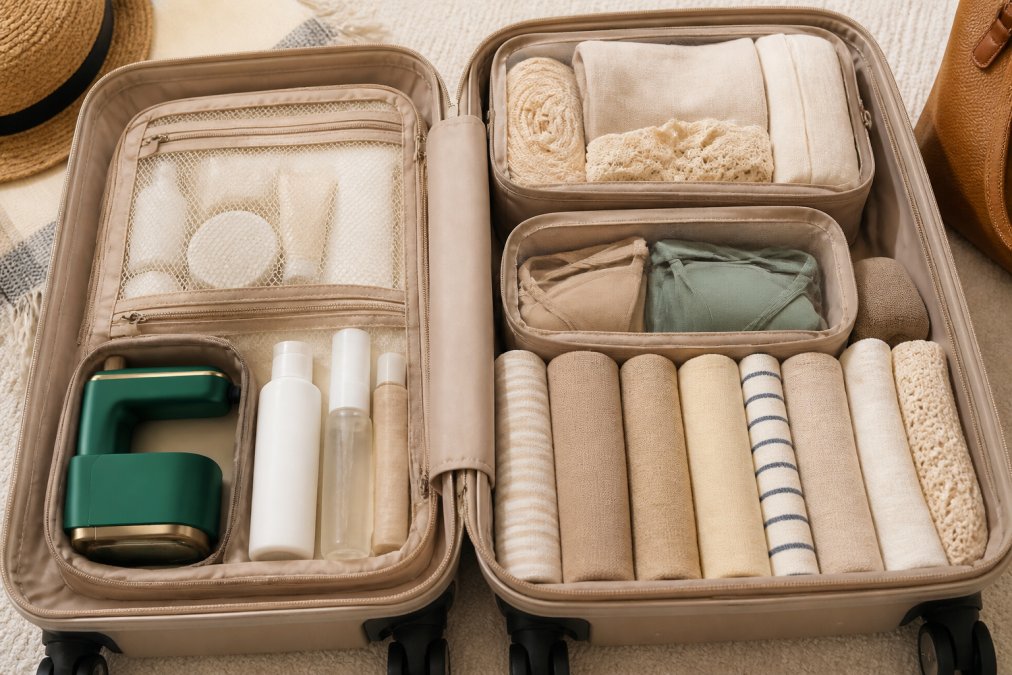 Overhead view of a carry-on suitcase being packed with rolled lightweight clothing in neutral tones, organized packing cubes containing swimwear and accessories, and travel-sized toiletries arranged efficiently showing space-saving techniques with visible organization system