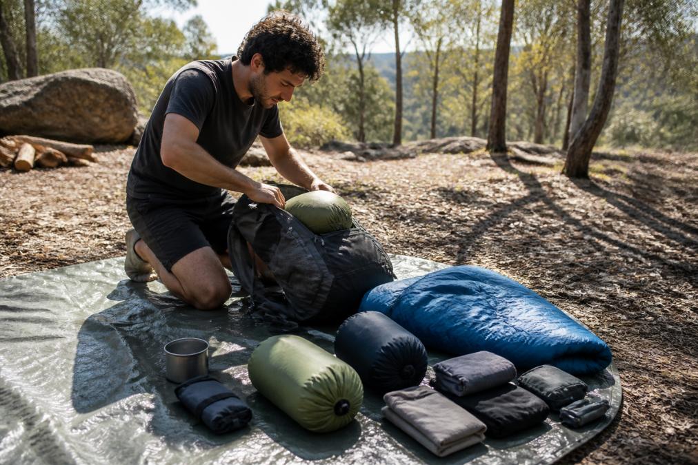 A camper kneeling on a tarp in a sunlit bush campsite, organising lightweight gear into a hiking backpack with compression sacks and a sleeping quilt nearby