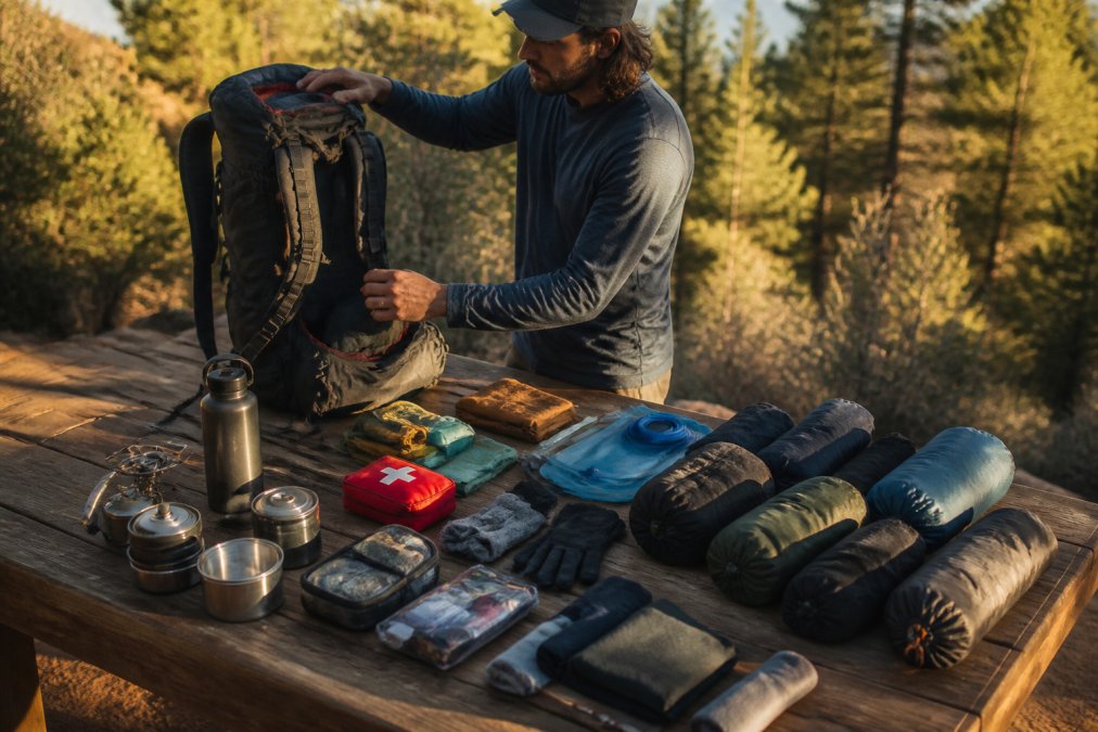 A hiker laying out organized gear on a wooden wooden table outdoors, sorting items by weight category before packing them into a mid-sized hiking backpack, warm afternoon light, forest background