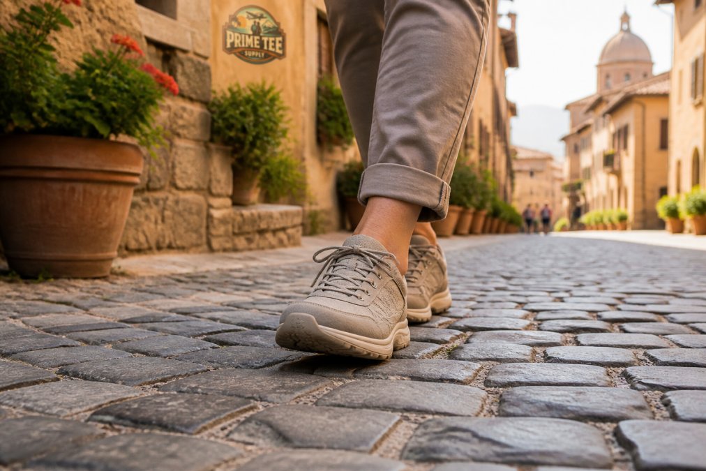 Traveler wearing comfortable, lightweight walking shoes on historic Italian cobblestone streets to pack light for Italy.