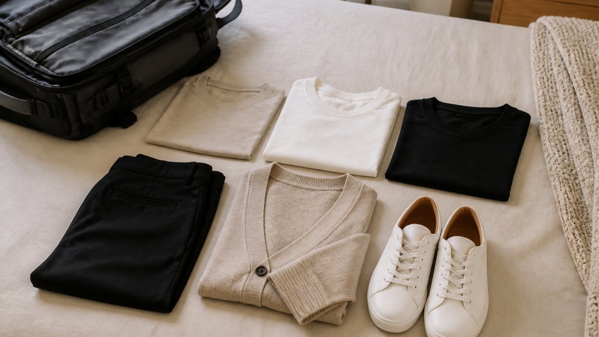 Neatly organised travel clothing laid out flat on a neutral background, three neutral-coloured tops, one pair of trousers, a light cardigan, and one pair of shoes arranged to show how few pieces create multiple outfits